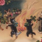 Dessins de quatre chats qui font la fête en dansant autour d'un feu de joie. Deux des chats font de la flûte.
